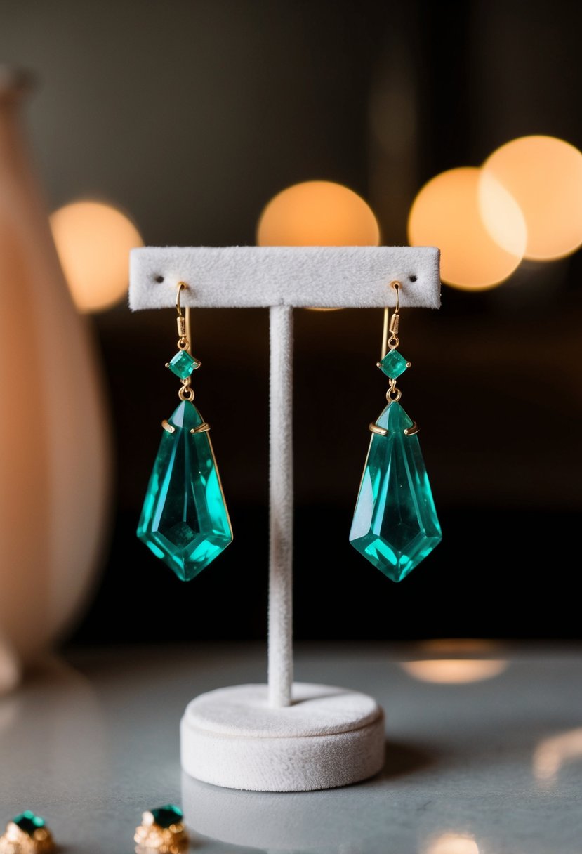 A pair of emerald crystal earrings displayed on a velvet jewelry stand, with soft lighting highlighting their intricate handmade design