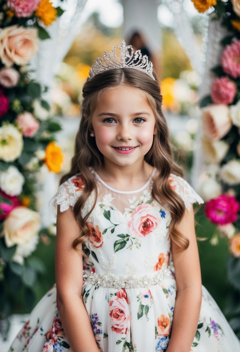 A young girl in a floral wedding dress, surrounded by flowers and lace, with a tiara on her head