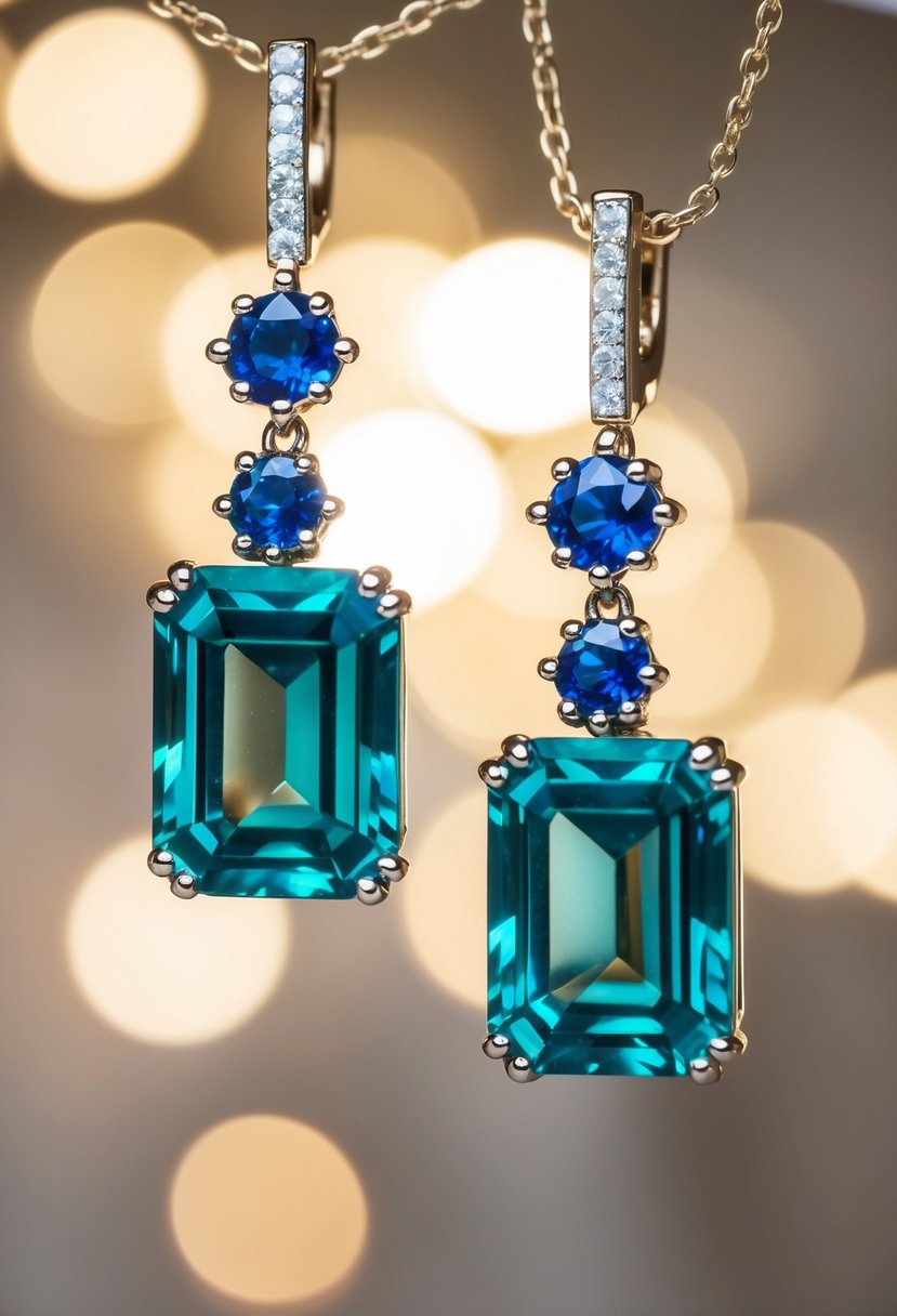 Two elegant emerald cut drop earrings shimmer under soft lighting. The sapphire and emerald stones catch the light, creating a dazzling display