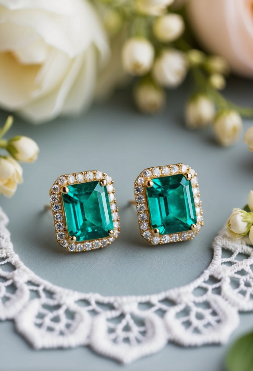 A pair of custom emerald cut halo earrings sparkling under soft lighting, surrounded by delicate floral and lace details