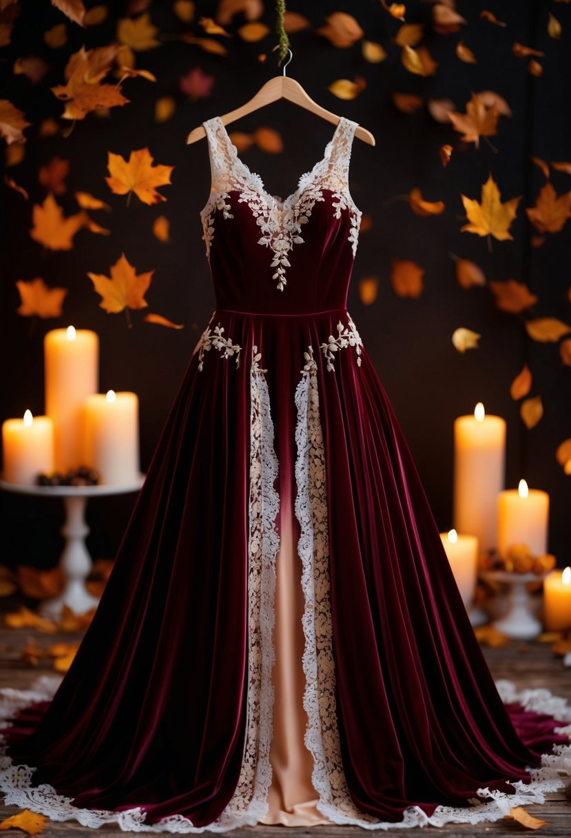 A rich velvet dress in deep autumnal hues, adorned with delicate lace and elegant details, set against a backdrop of falling leaves and warm candlelight