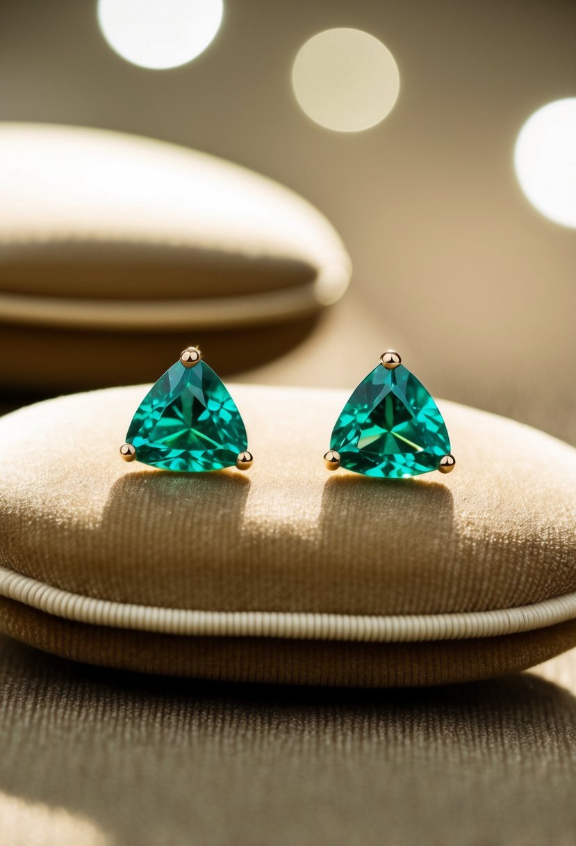 Two brilliant trillion-cut emerald studs rest on a velvet cushion, catching the light in a luxurious setting