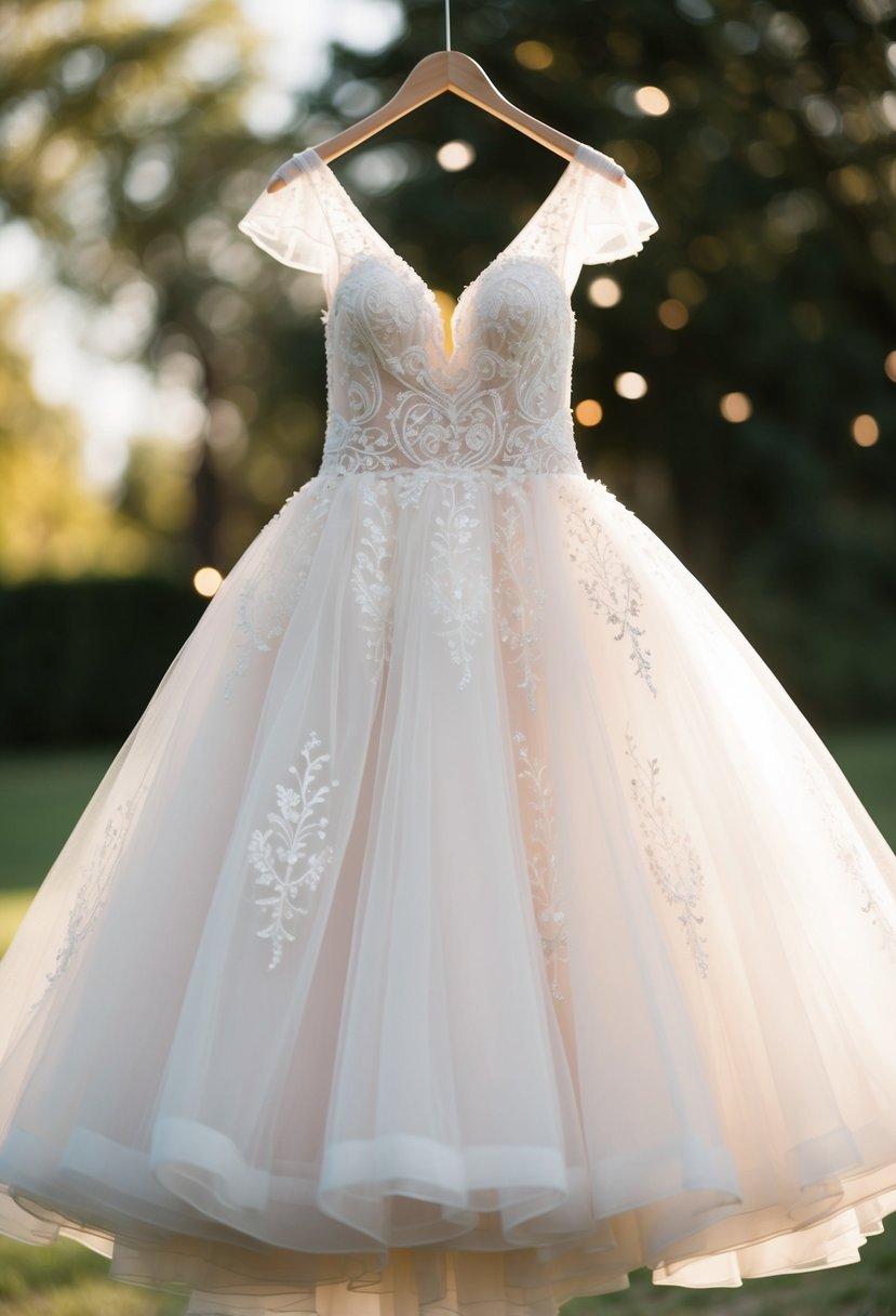 A tulle wedding dress adorned with delicate patterns, floating gracefully in the air