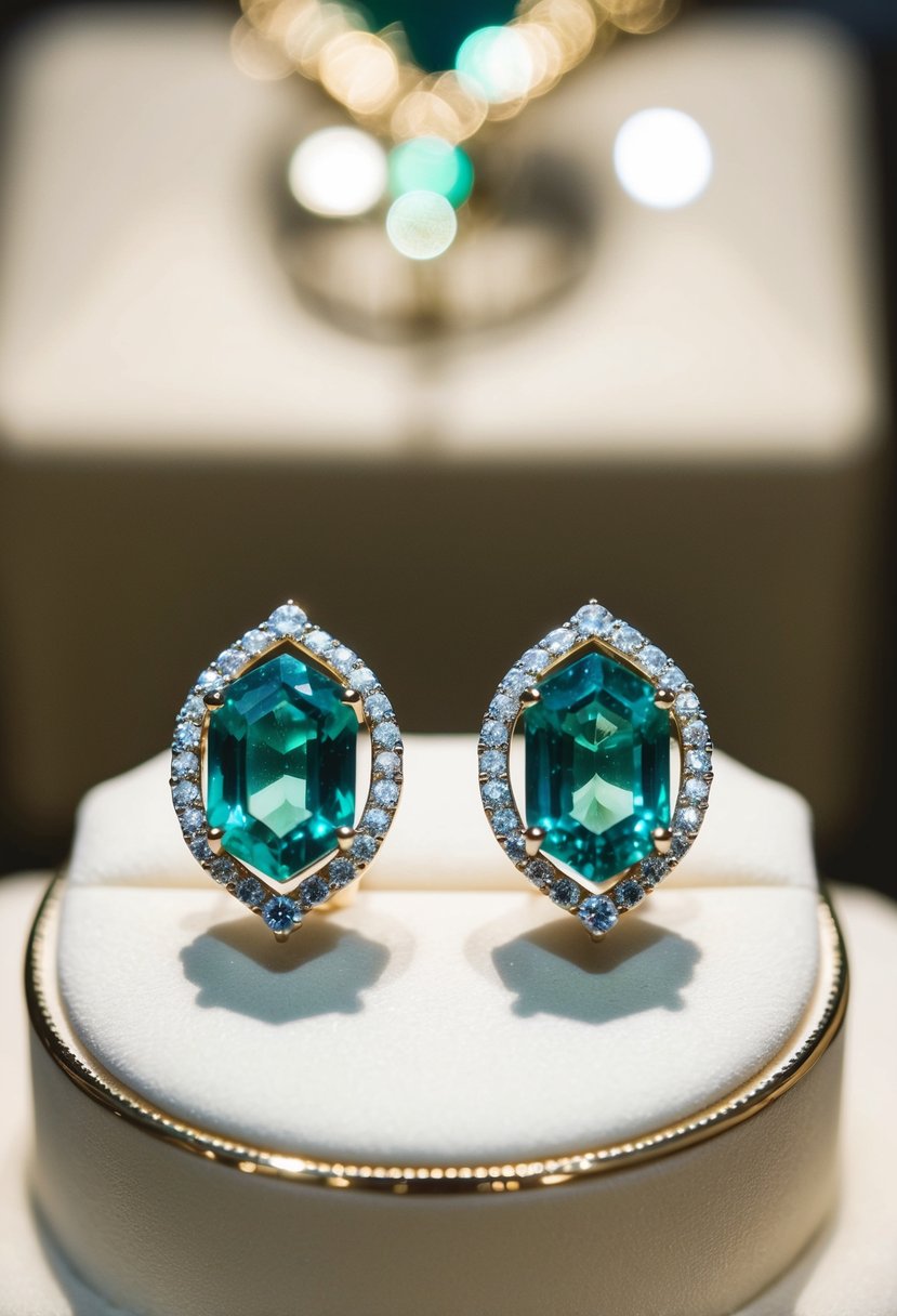 A pair of emerald-cut wedding earrings with a halo setting, featuring pear-shaped emeralds, glinting in the soft light of a luxurious jewelry display