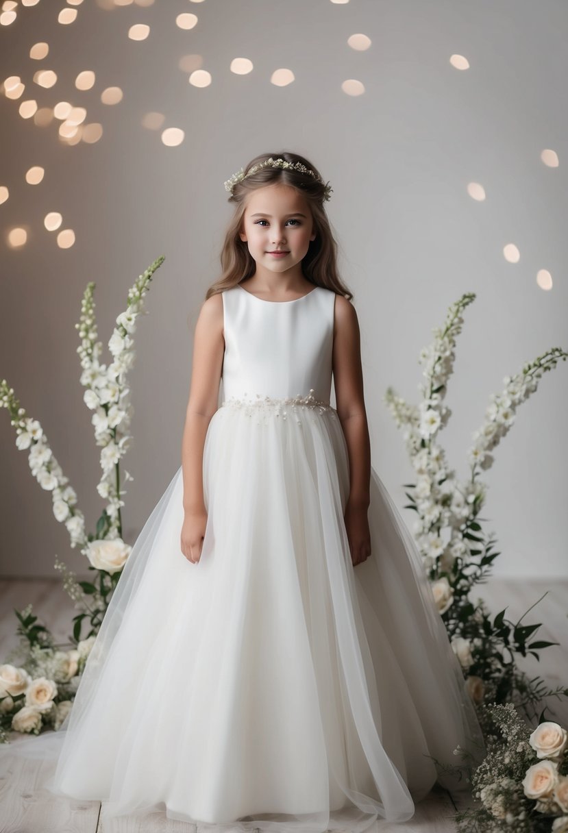 A young girl in a simple, flowing wedding gown, surrounded by delicate flowers and soft lighting