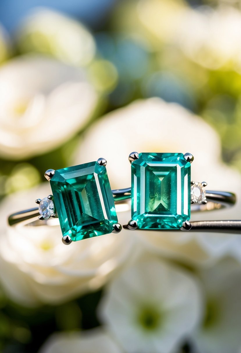 Two emerald-cut emeralds, each held in a double claw setting, sparkle in the sunlight on a wedding day