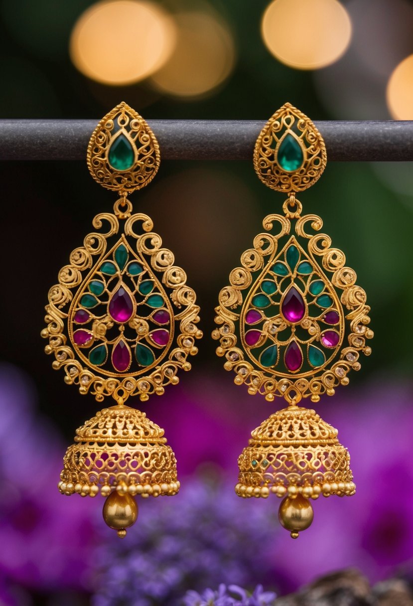 A pair of ornate gold earrings with intricate filigree and colorful gemstone accents, inspired by traditional Kerala wedding jewelry