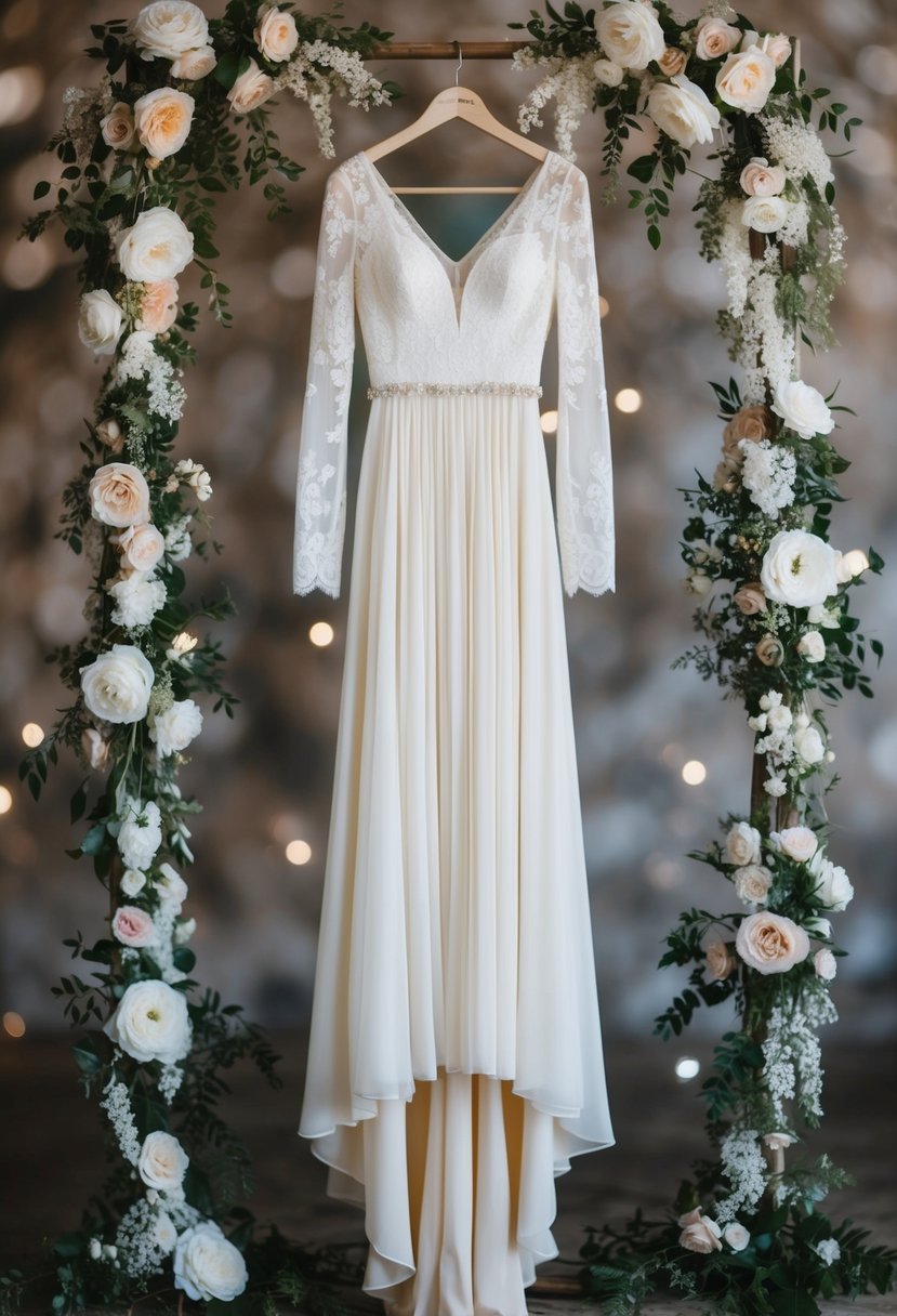 A flowing ivory long sleeve dress hanging on a hanger, surrounded by delicate lace and floral details