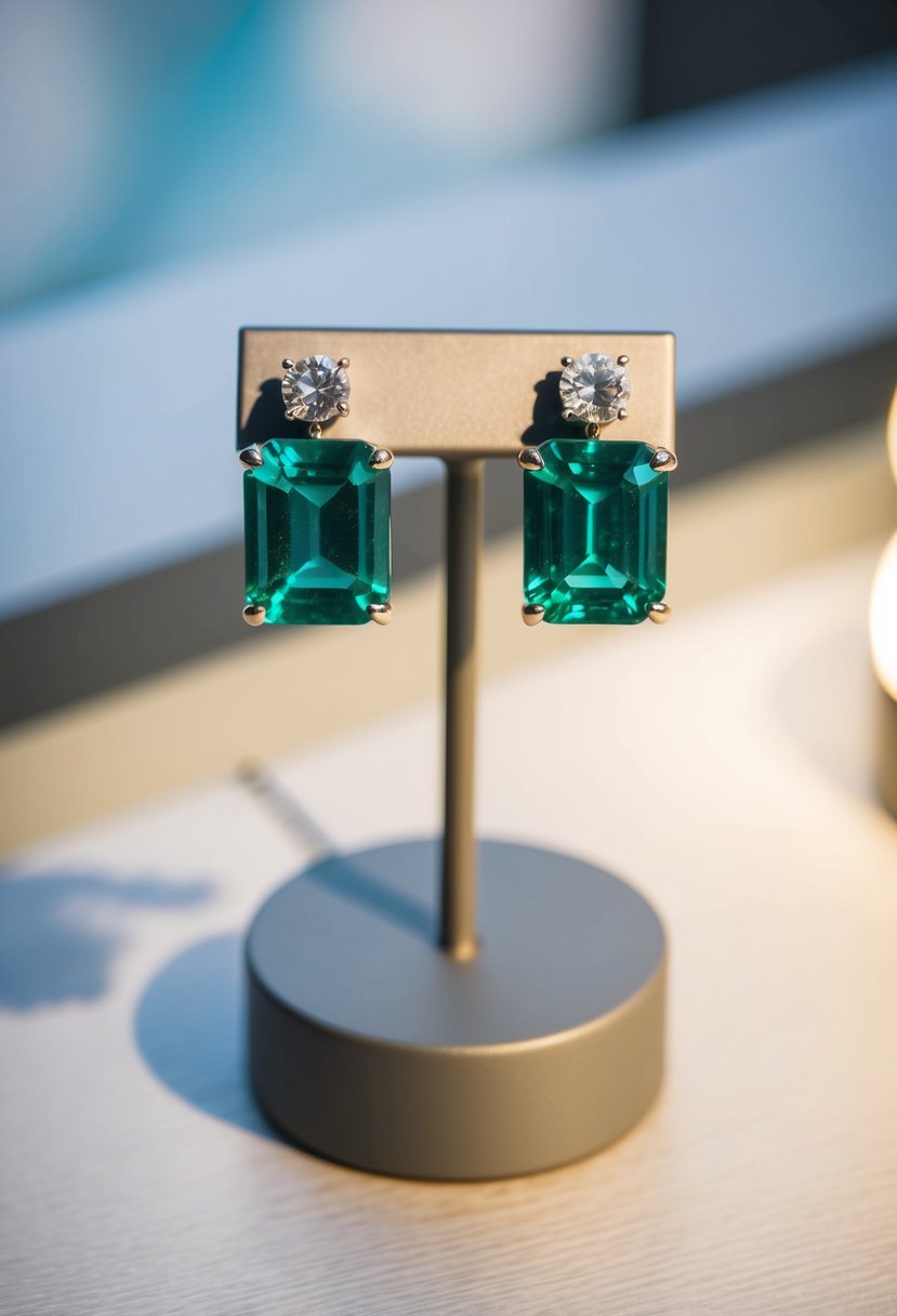 A pair of emerald cut earrings on a modern, minimalist display stand, with soft lighting to highlight their sparkling green hue