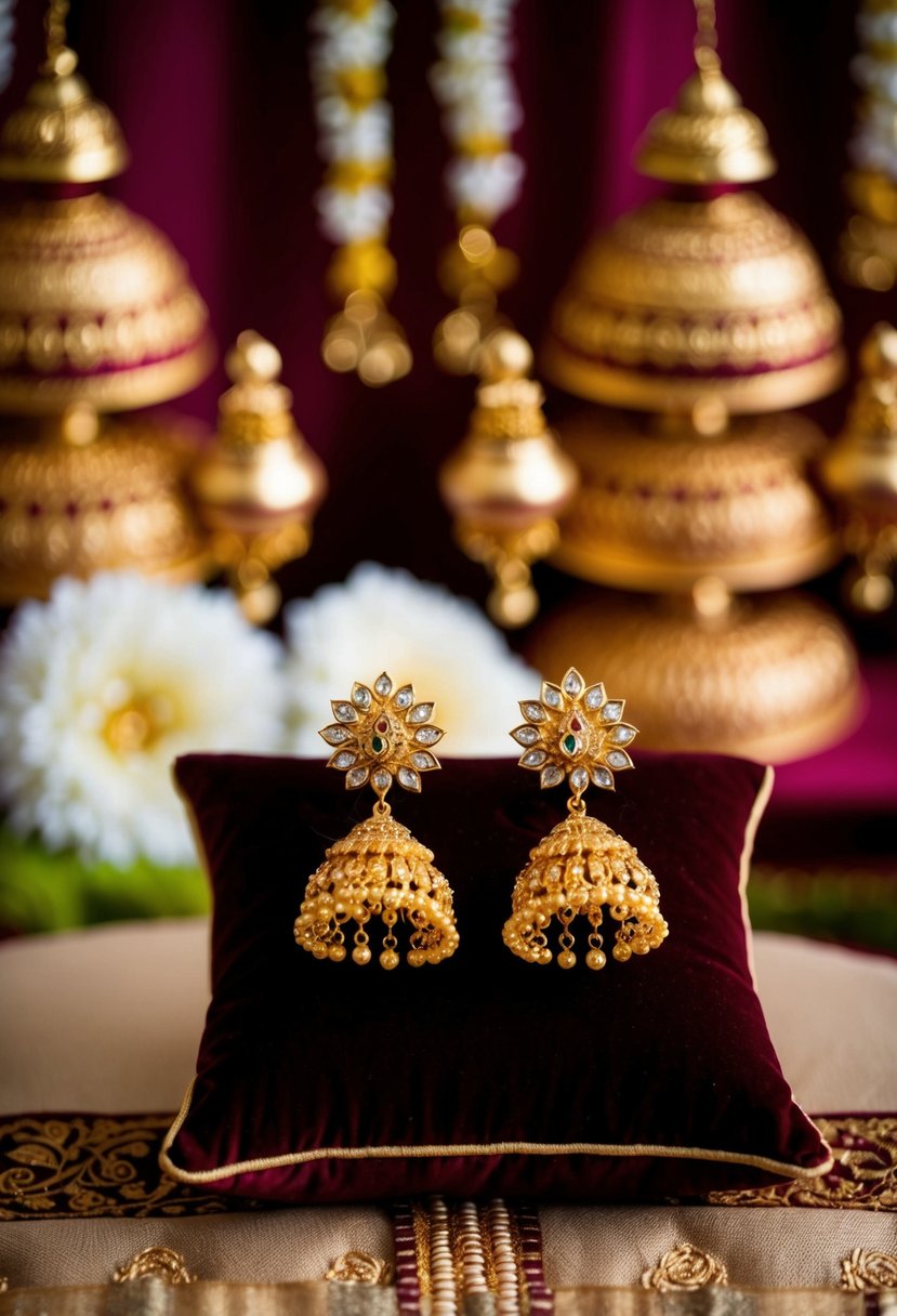 Intricate gold jhumka earrings displayed on a velvet cushion with traditional Kerala wedding motifs in the background