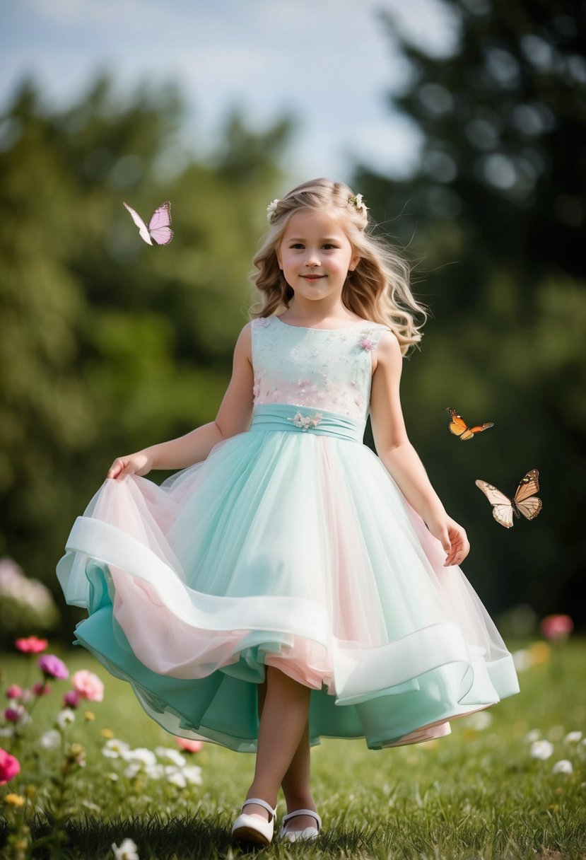 A young girl twirls in a pastel-colored wedding dress, surrounded by flowers and butterflies