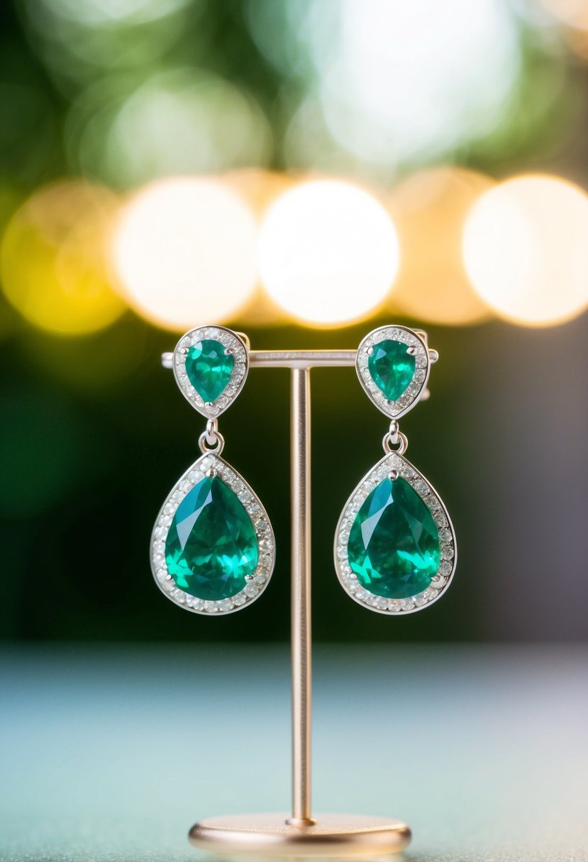 A sparkling pair of emerald drop earrings dangle from a delicate stand, catching the light and casting a green glow