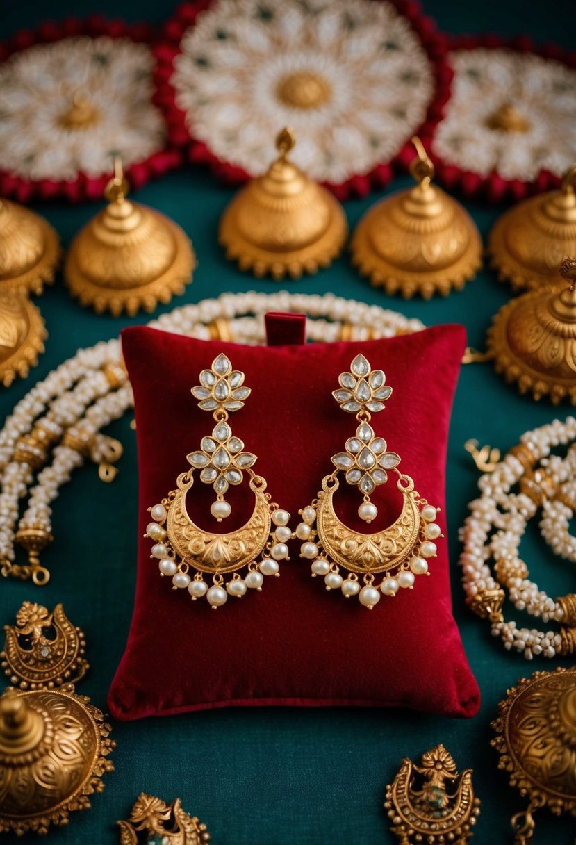 A pair of elegant Jimikki Kammal earrings displayed on a velvet cushion, surrounded by traditional Kerala wedding motifs