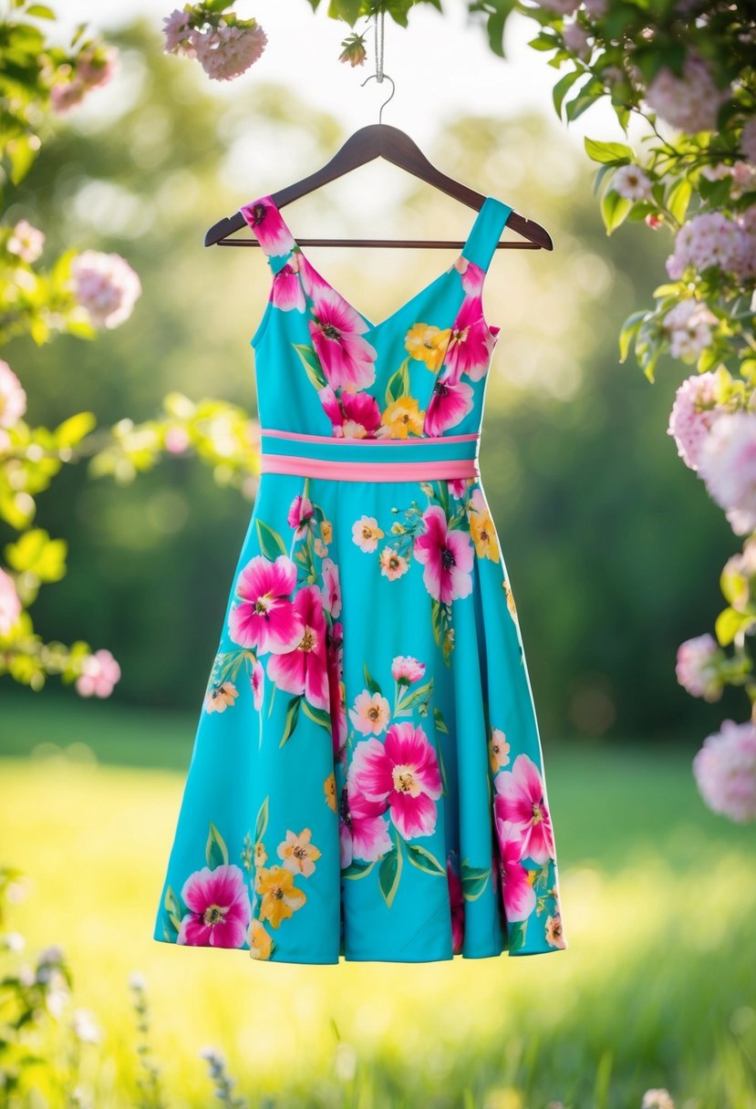 A vibrant floral dress hanging on a hanger, surrounded by soft sunlight and blooming flowers