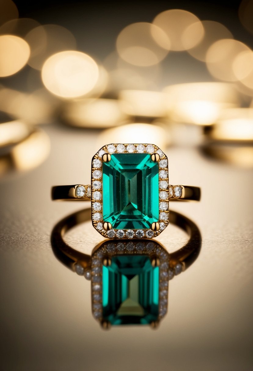 A sparkling emerald-cut earring set against a gold-plated backdrop, reflecting elegance and sophistication