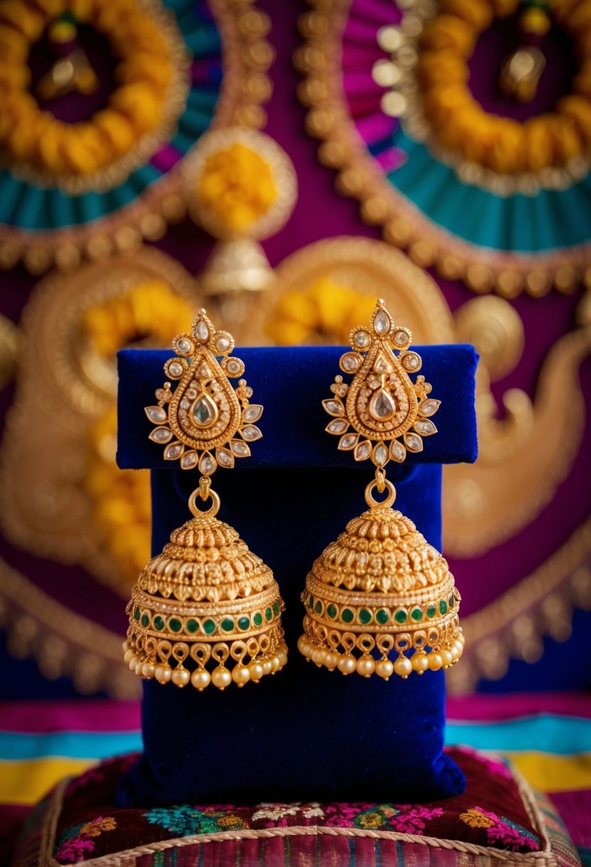 A pair of traditional Kasavu earrings, with intricate gold detailing, displayed on a velvet cushion against a backdrop of vibrant Kerala wedding motifs