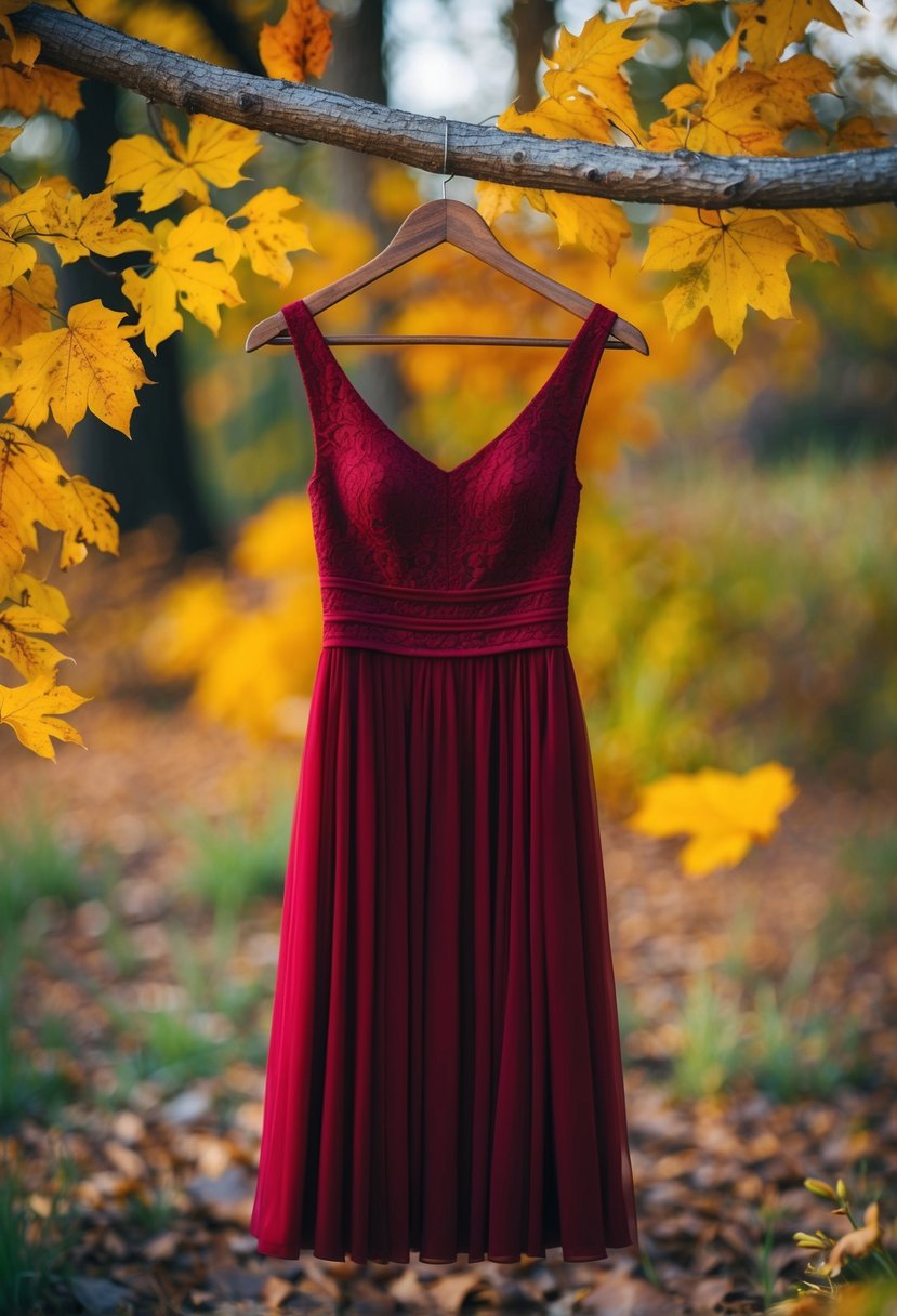 A deep red dress hanging on a rustic wooden hanger, surrounded by autumn leaves and flowers