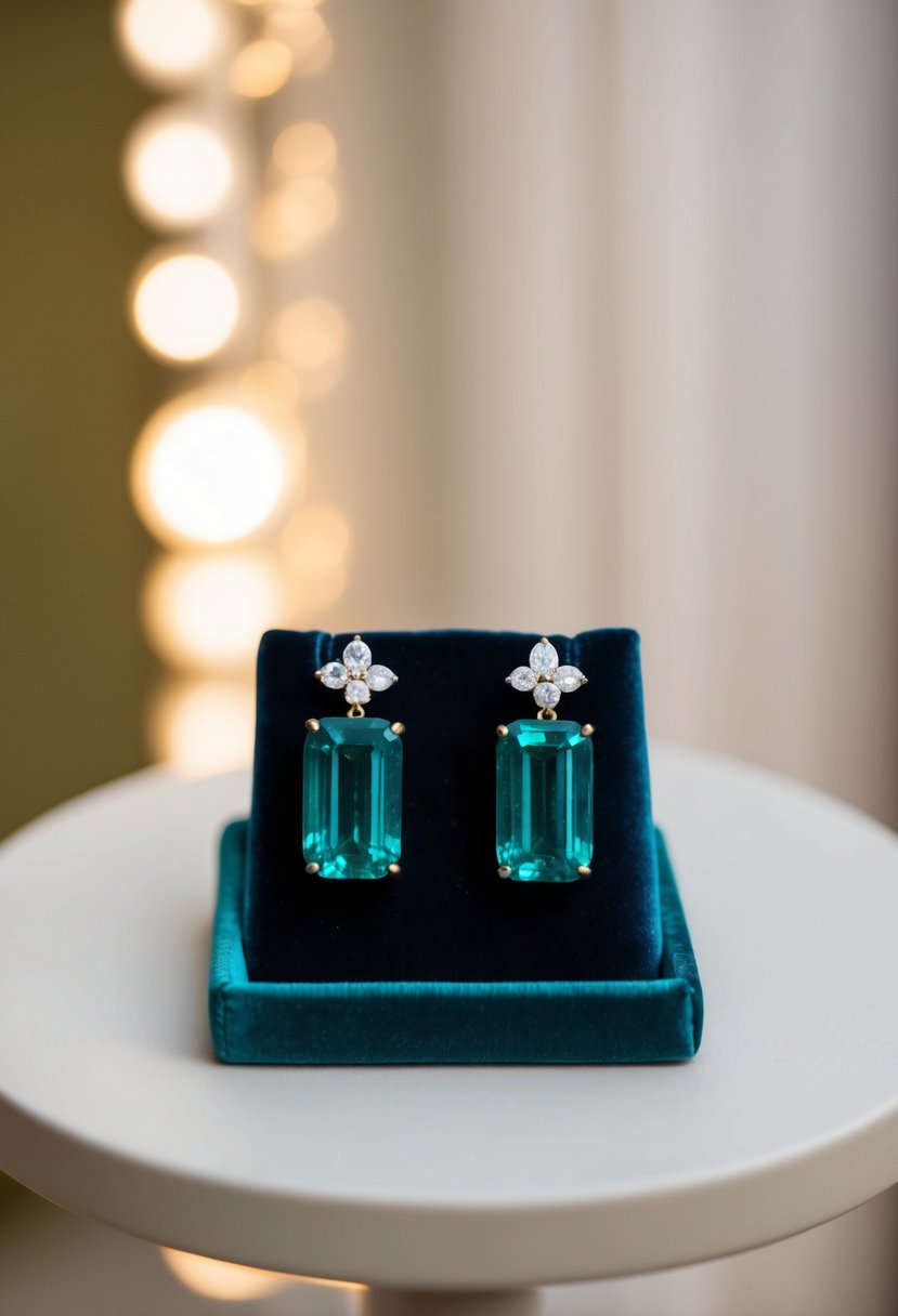 A pair of emerald cut earrings displayed on a velvet cushion under soft lighting, showcasing their unique rectangular shape for a bride's wedding day