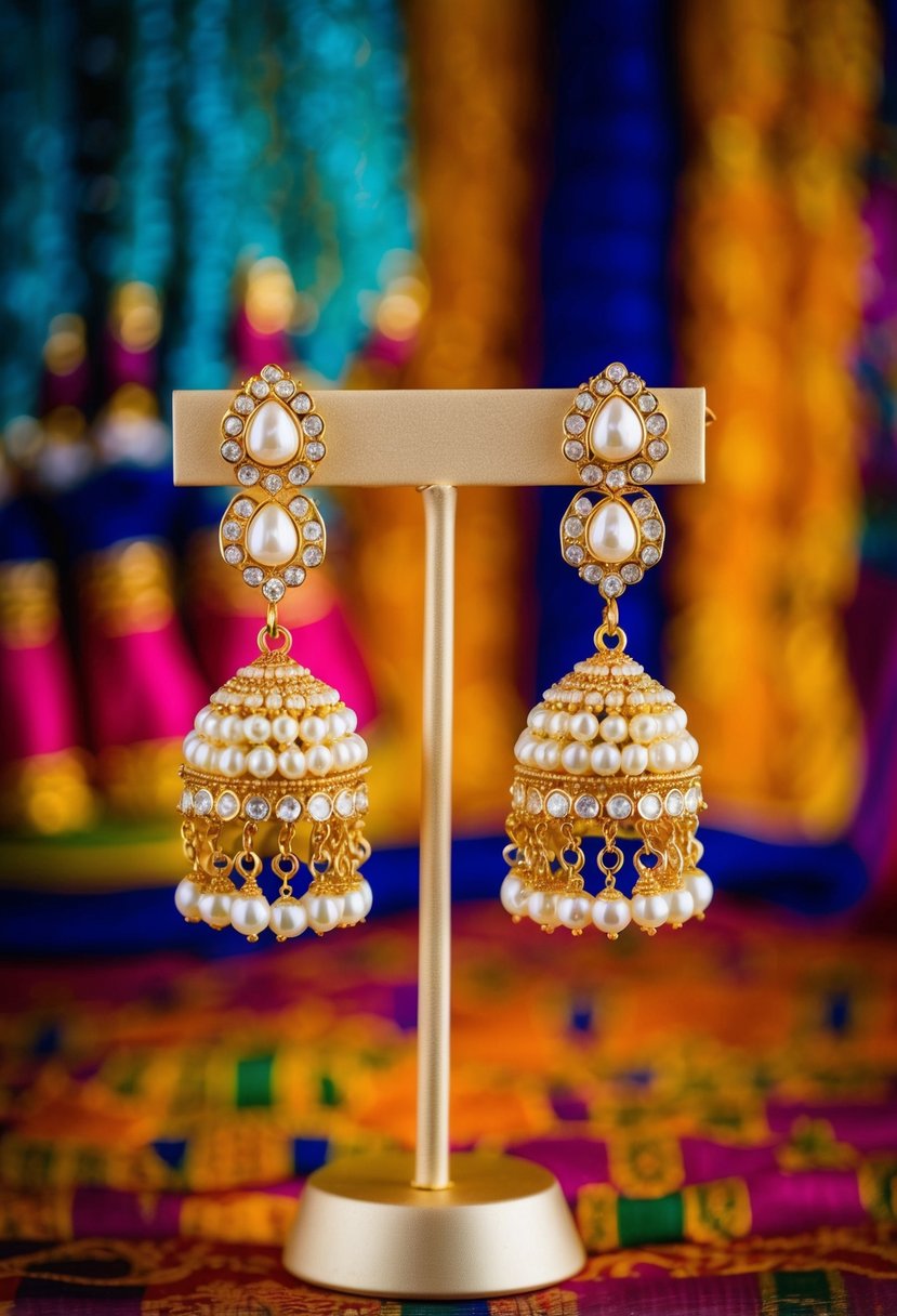 A pair of modern pearl-studded Jhumkas hanging from a gold earring stand, set against a vibrant Kerala wedding backdrop