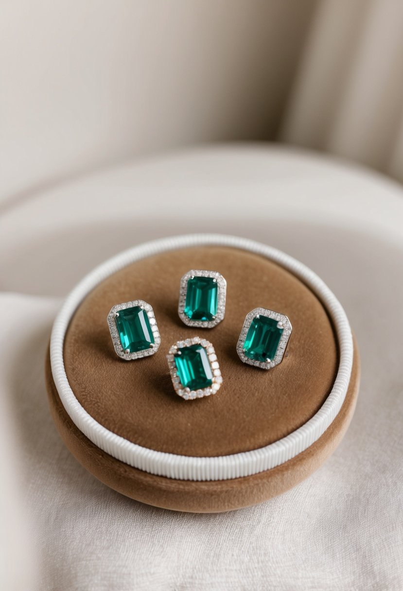 A sparkling emerald cut bridal earring collection displayed on a velvet cushion against a soft, neutral background