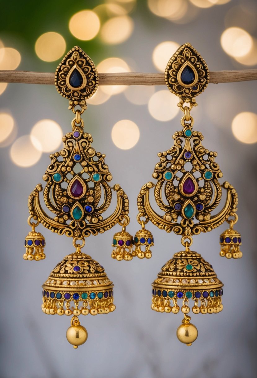 A pair of ornate gold earrings with intricate temple-inspired designs, featuring delicate dangling beads and colorful gemstones