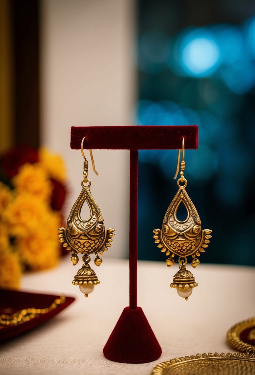 A pair of vintage fish hook earrings displayed on a traditional Kerala wedding jewelry stand