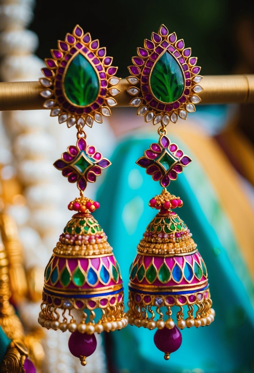 A vibrant pair of Meenakari earrings, adorned with intricate designs and vibrant colors, reflecting the essence of Kerala wedding traditions