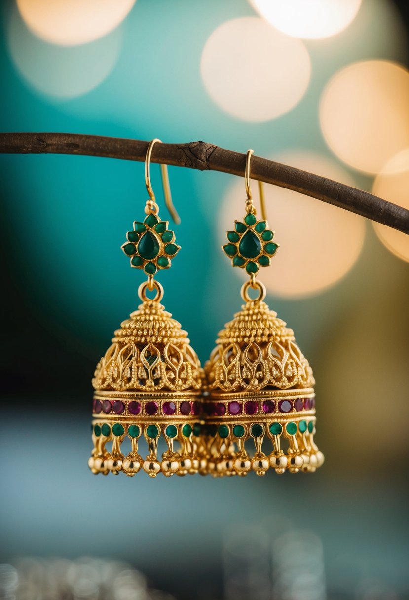 A pair of intricately designed gold Palakka earrings, adorned with green and red stones, hanging from a delicate hook