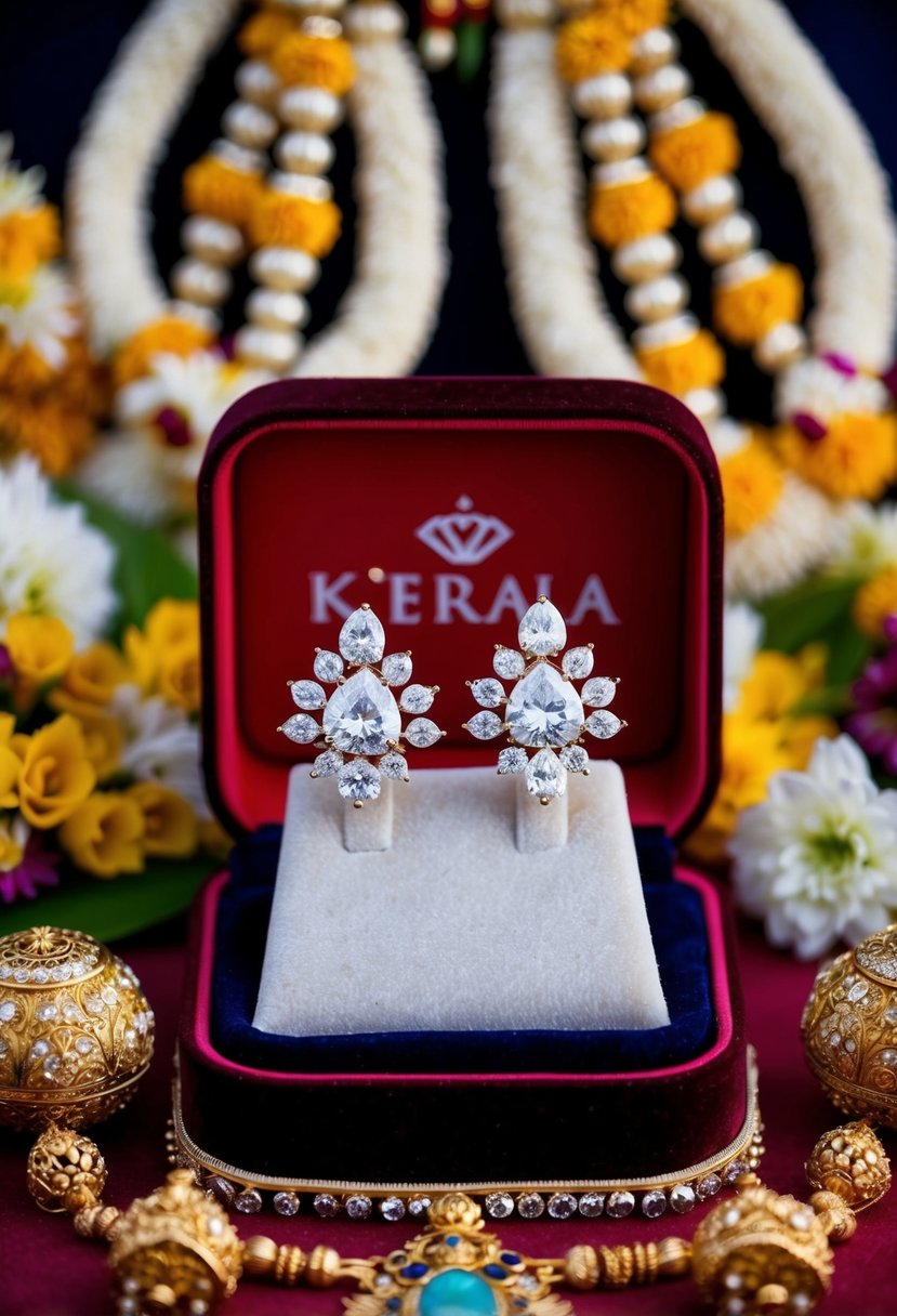 Two sparkling diamond studs on a velvet display, surrounded by traditional Kerala wedding ornaments and flowers