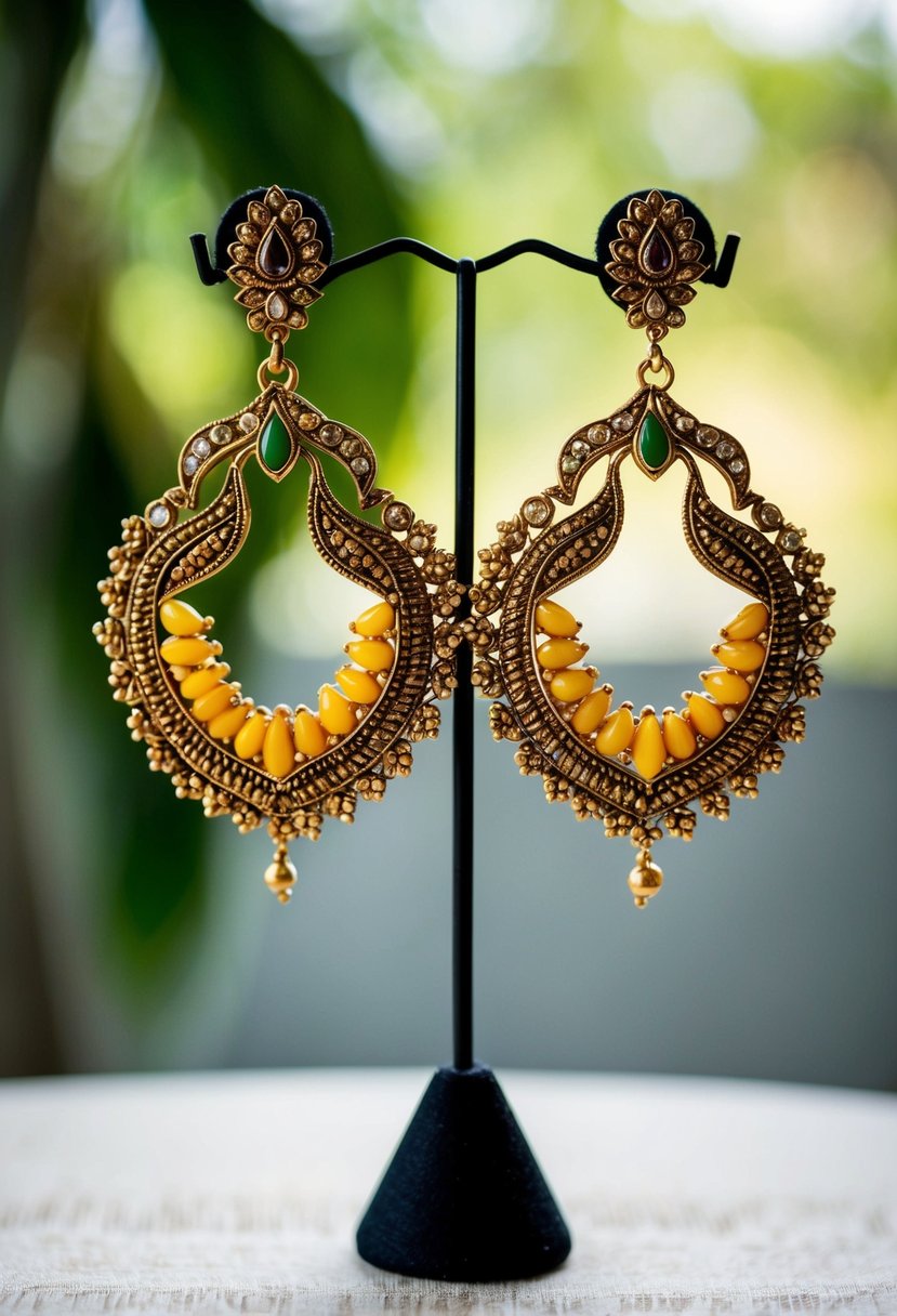 A pair of intricately designed mango motif earrings, inspired by Kerala wedding traditions, hang delicately from a jewelry stand, catching the light with their intricate details