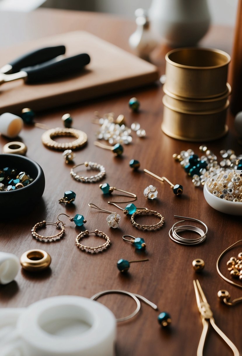 A table scattered with beads, wire, and tools for making wedding earrings