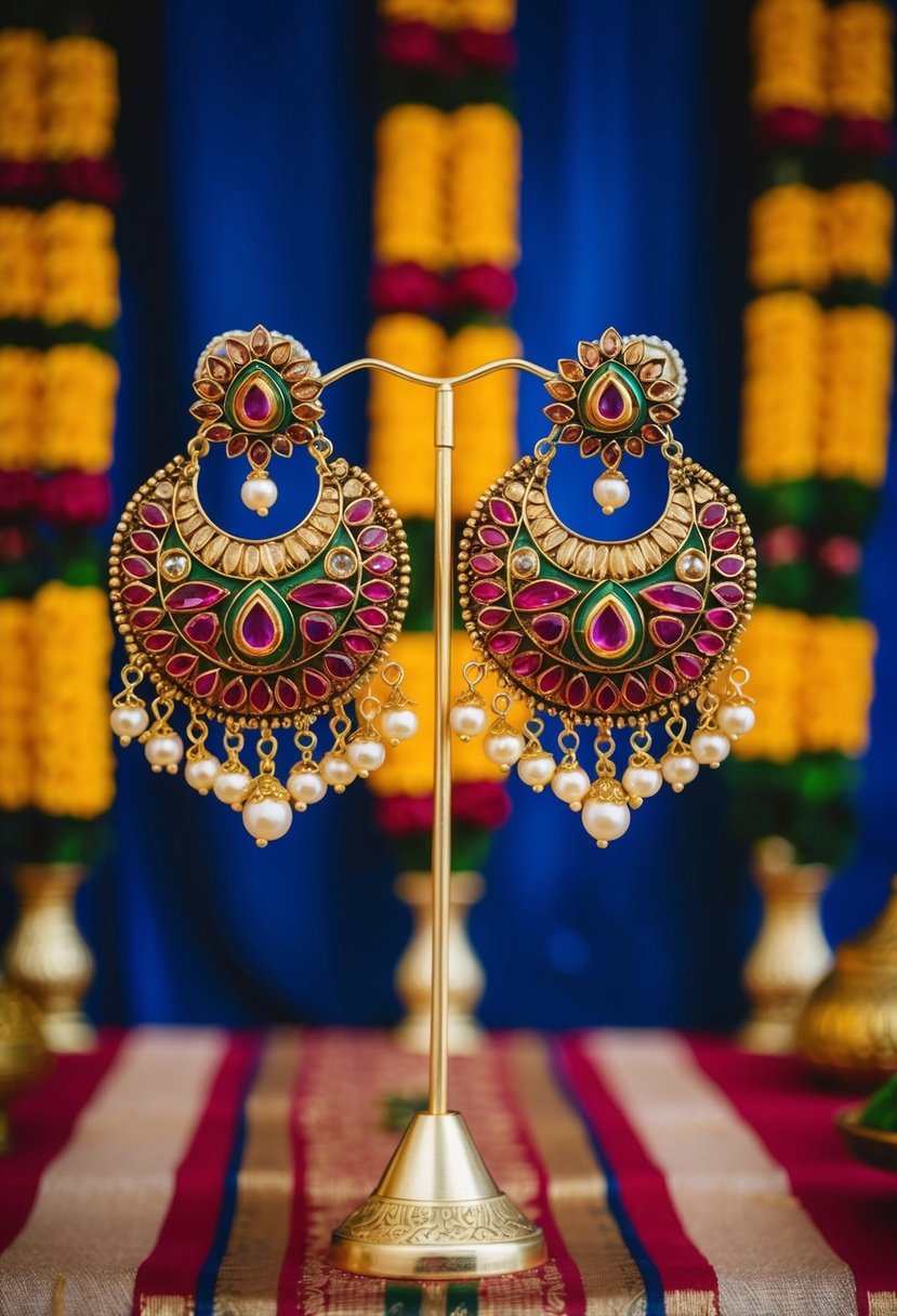 A pair of bold Pavizham earrings displayed on a traditional Kerala wedding backdrop