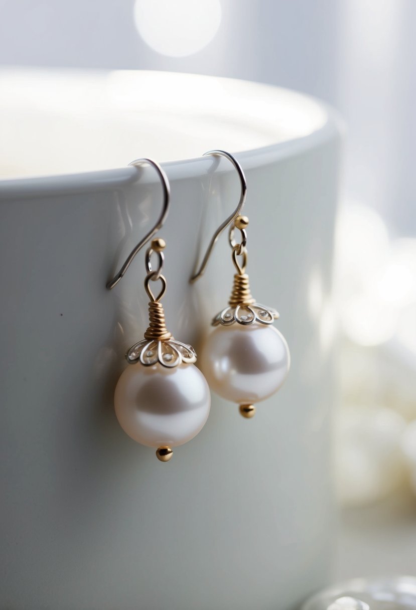 A pair of delicate wire drop earrings adorned with shimmering pearls, displayed on a clean, white surface with soft natural lighting