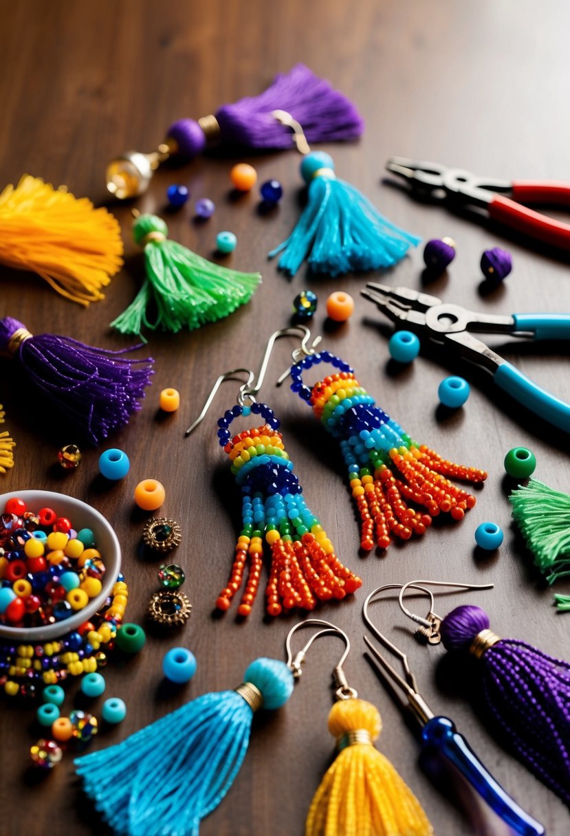 A table scattered with colorful beads, jewelry pliers, and tassels, with a pair of completed beaded tassel earrings as the centerpiece