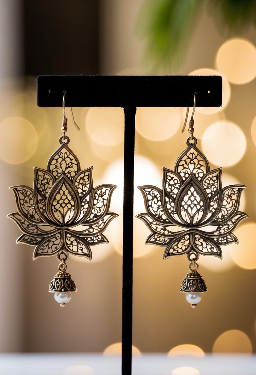 A pair of intricate lotus filigree earrings, inspired by Kerala wedding traditions, dangle delicately from a display stand, catching the light with their graceful design