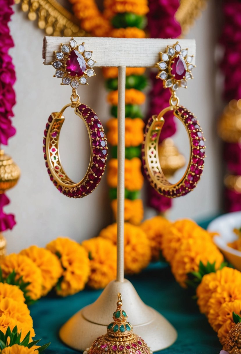 A pair of antique ruby-encrusted hoops dangle from a golden earring stand, surrounded by vibrant floral garlands and traditional Kerala wedding ornaments