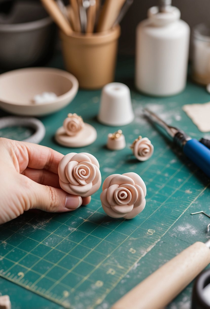 A pair of clay rose studs being crafted on a worktable with tools and materials for a DIY wedding earrings project