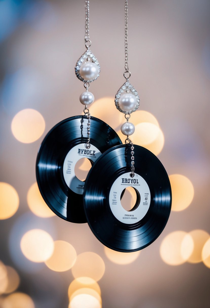 A pair of vinyl records dangle from a delicate chain, surrounded by sparkling beads and pearls, creating a unique and stylish wedding earring design