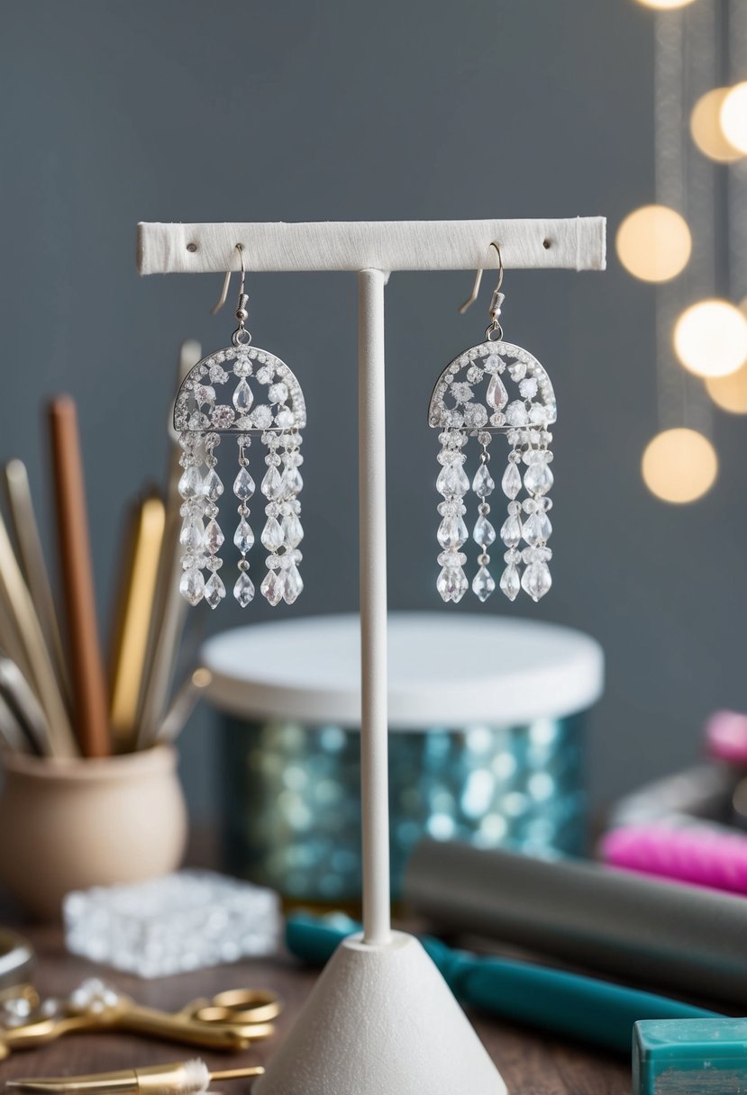 Sparkling crystal chandelier earrings hanging from a delicate jewelry stand, surrounded by various crafting tools and materials