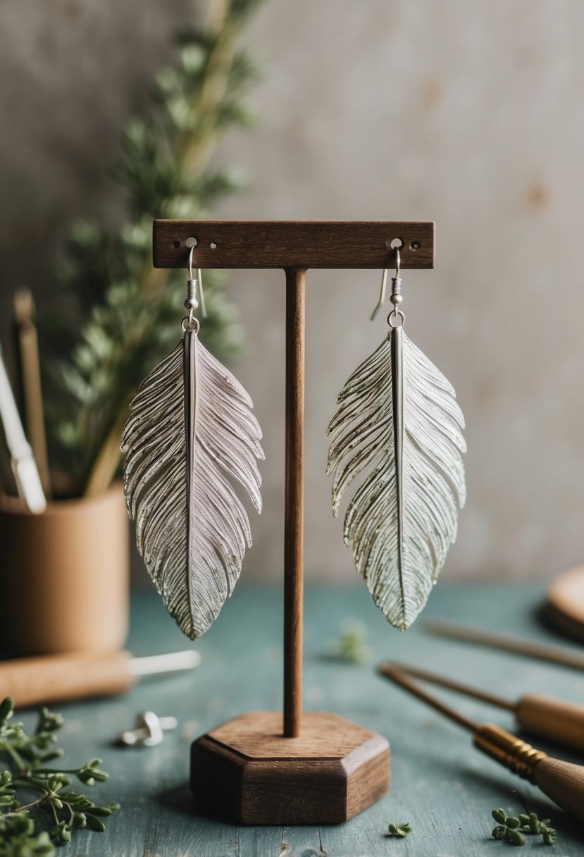 Glistening feathered leaf earrings dangle from a rustic wooden jewelry stand, surrounded by delicate crafting tools and scattered greenery