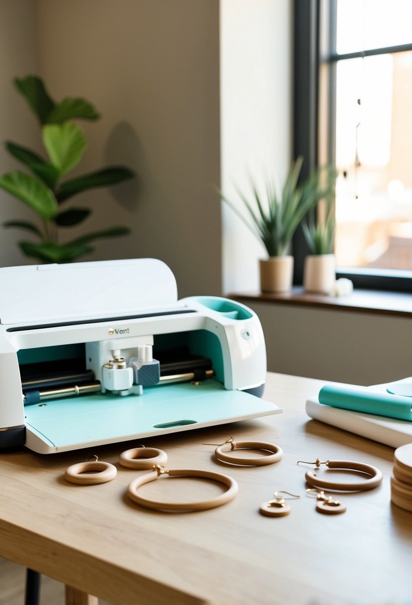 A table with Cricut machine, wood hoops, and earring supplies