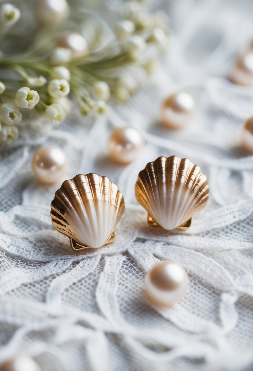 A pair of seashell accent studs placed on a white lace fabric with scattered pearl beads and delicate floral elements