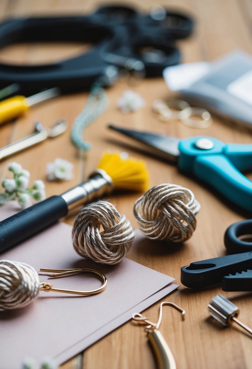 A close-up of delicate knot string earrings, surrounded by crafting tools and materials for a DIY wedding project