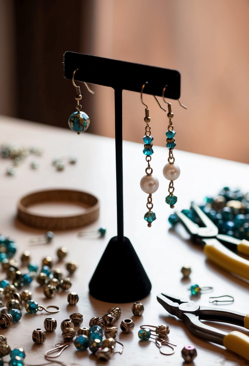 A table scattered with delicate beads, pliers, and earring hooks. A pair of finished earrings dangle from a stand