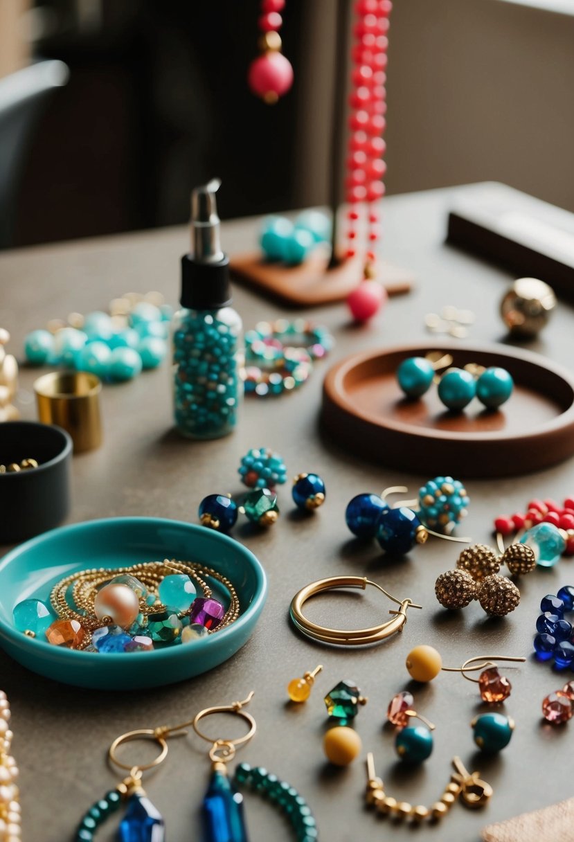 A table with various beads, hoops, and tools for making earrings