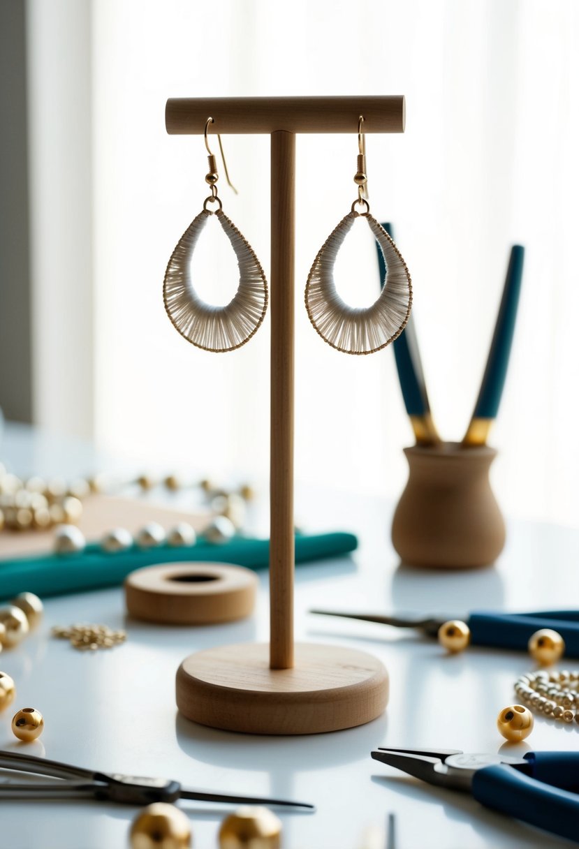 Two delicate metallic thread earrings hanging from a wooden jewelry stand, surrounded by beads, pliers, and other crafting tools on a clean white table