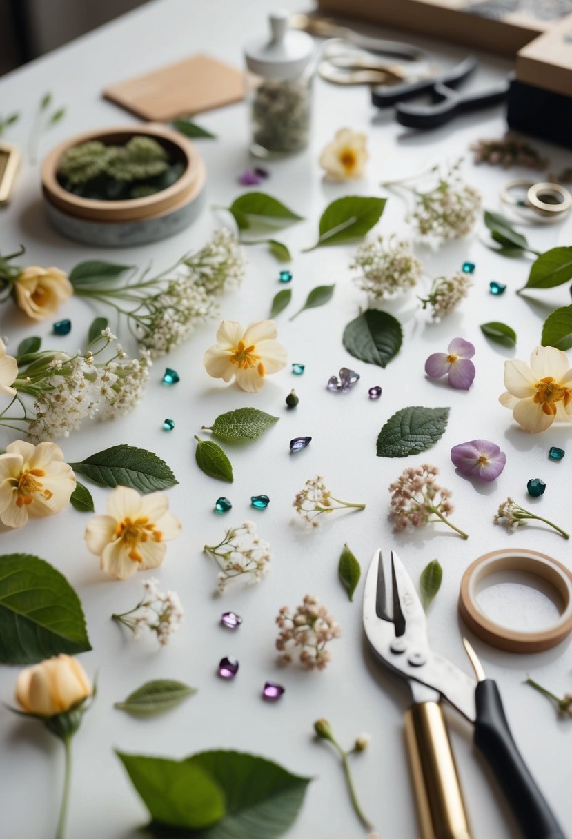 A table scattered with delicate flowers, leaves, and small gemstones, surrounded by crafting tools and materials