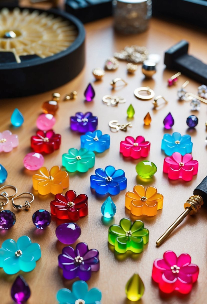 A table scattered with colorful resin flower drops, jewelry-making tools, and delicate earring findings