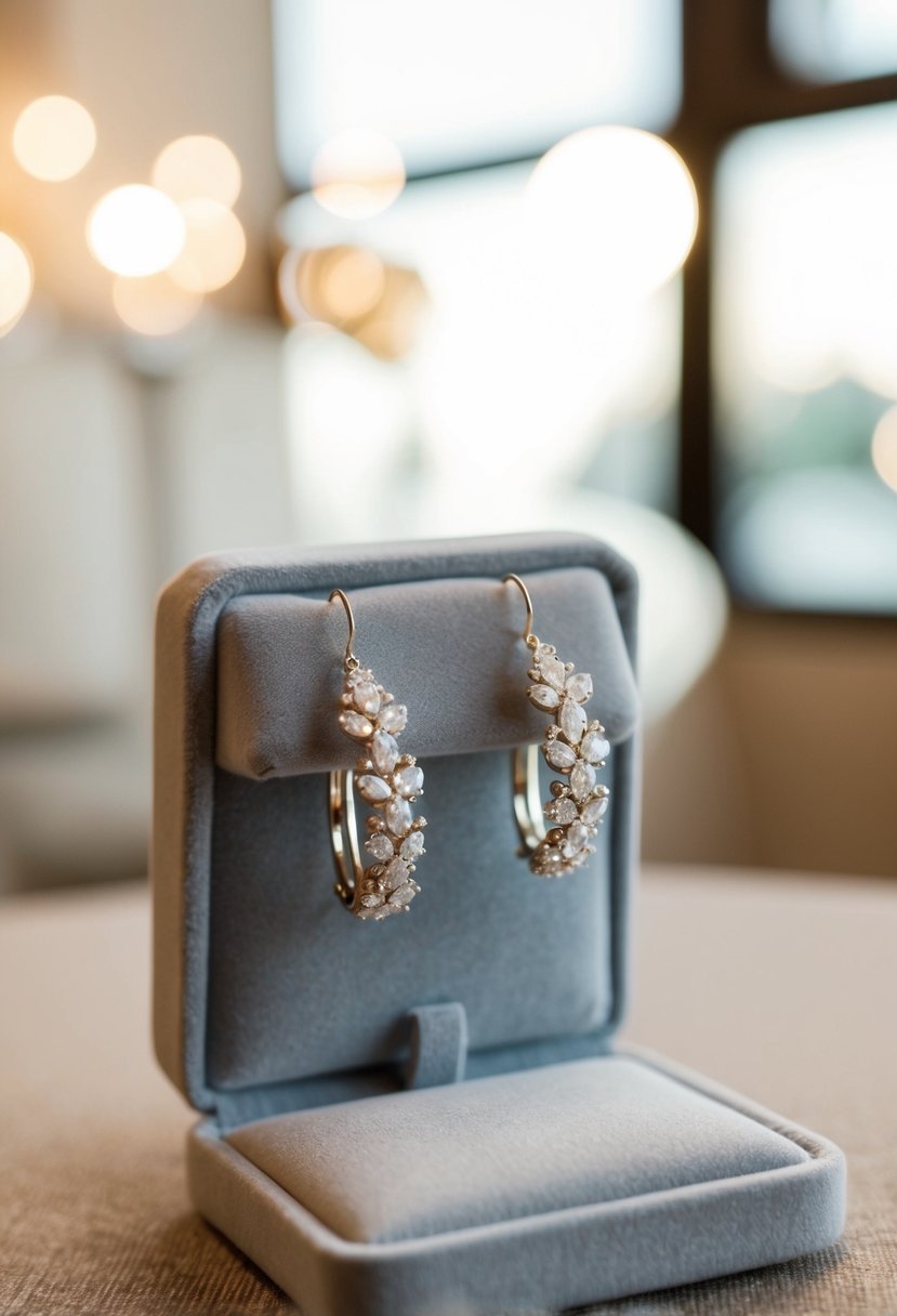 A pair of elegant white wedding earrings displayed on a velvet cushion with soft lighting illuminating the delicate details