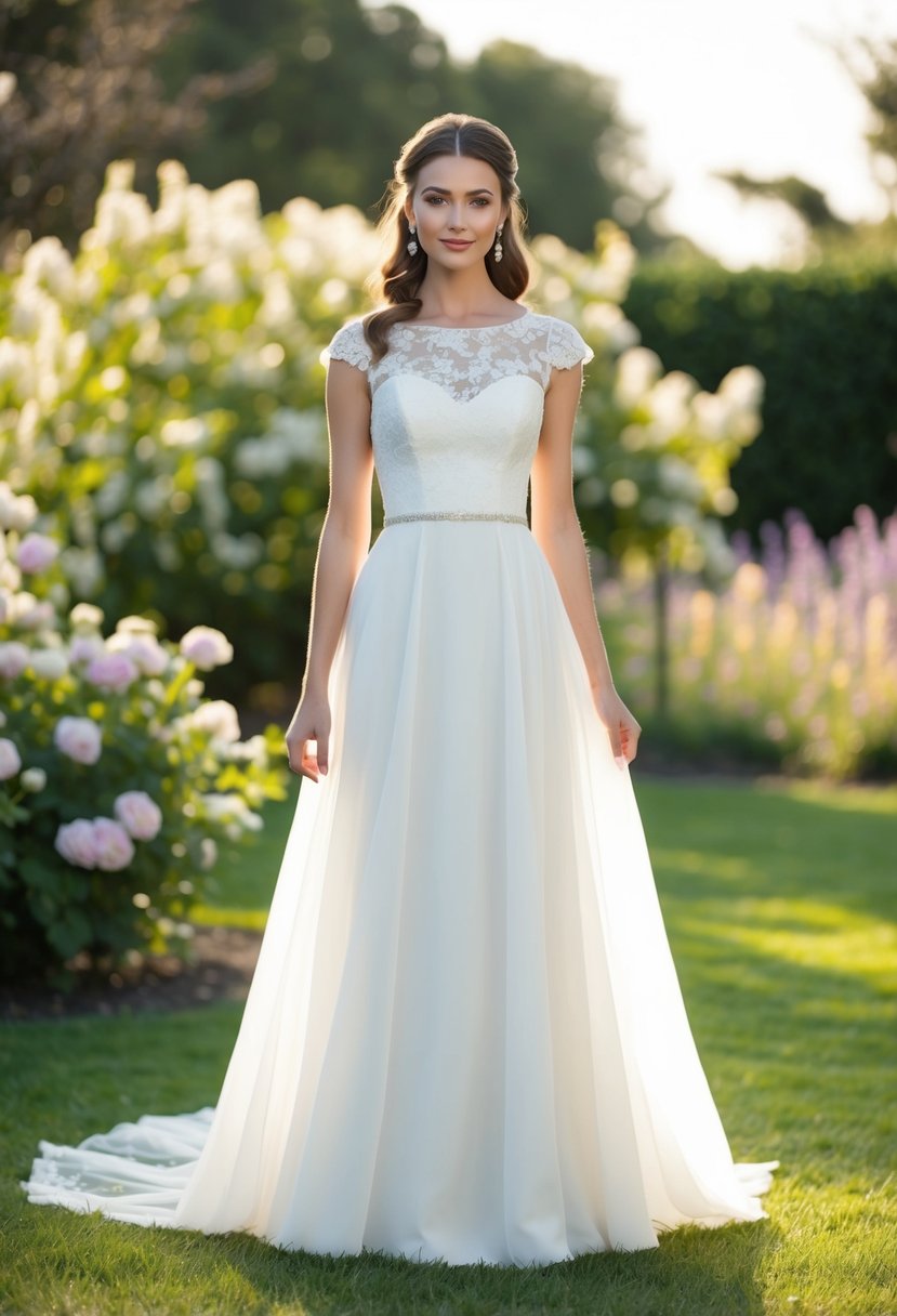 A bride in a simple, floor-length gown with delicate lace details, standing in a garden with blooming flowers and soft sunlight